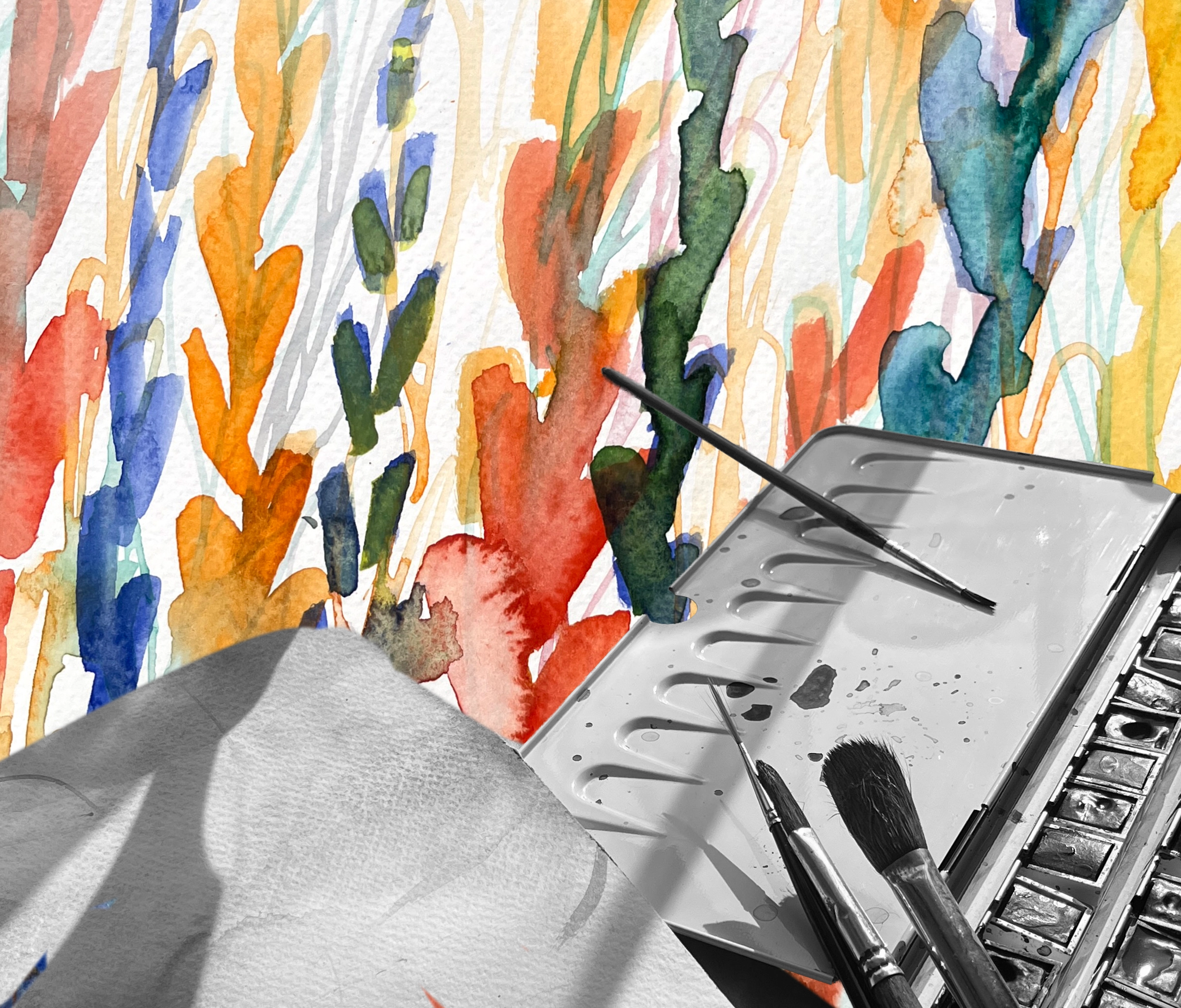 Collage of watercolor in color and black-white watercolor box